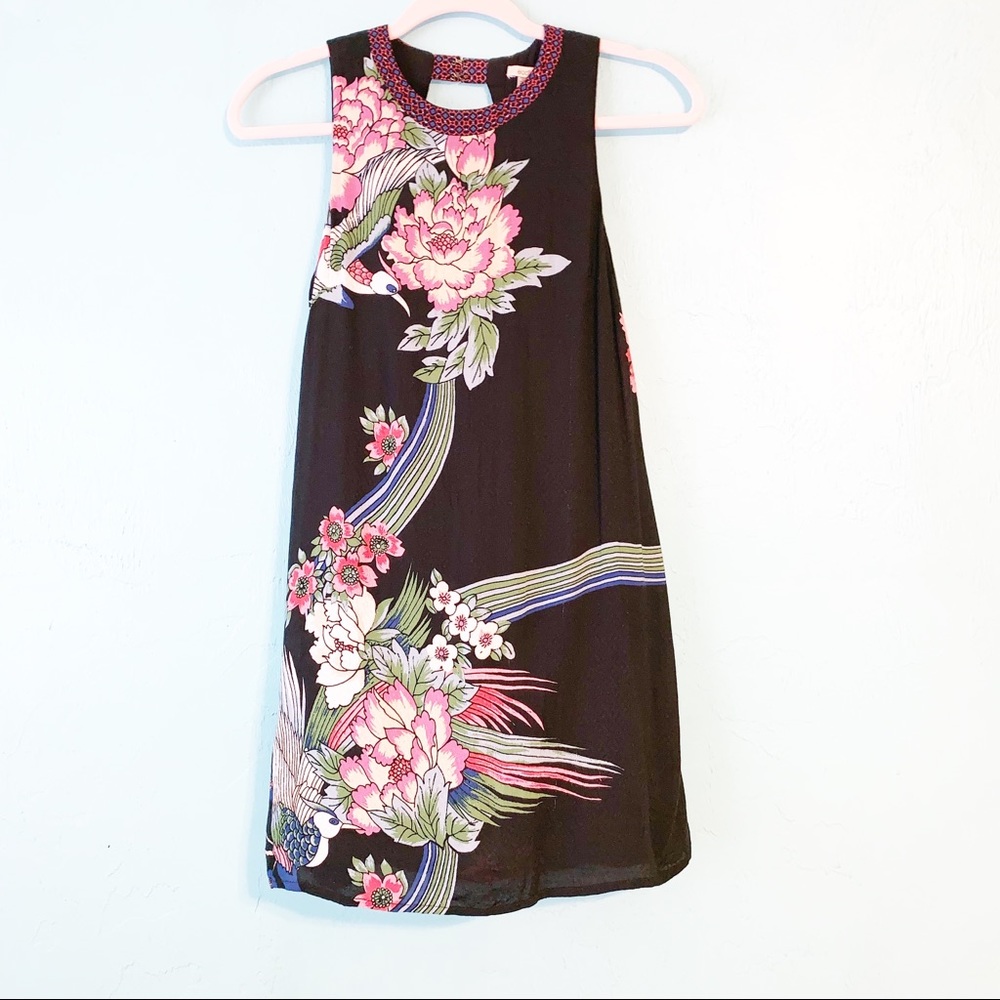 Ecoté Floral Crane Bird Oriental Print Shift Dress